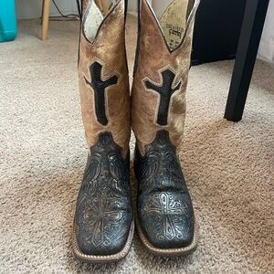 Ferrini cross cowgirl boots women’s 6.5 leather square toe embossed black brown
